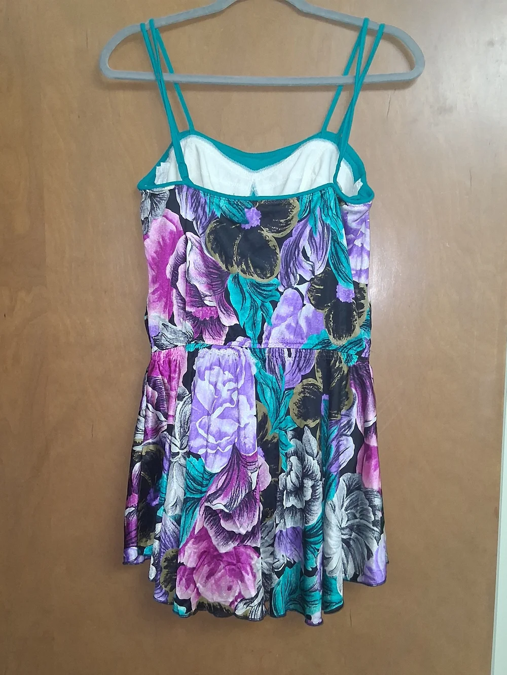 1970s DeWeese Swimsuit Dress Teal Purple Pink Floral One Piece Sundress Size 12